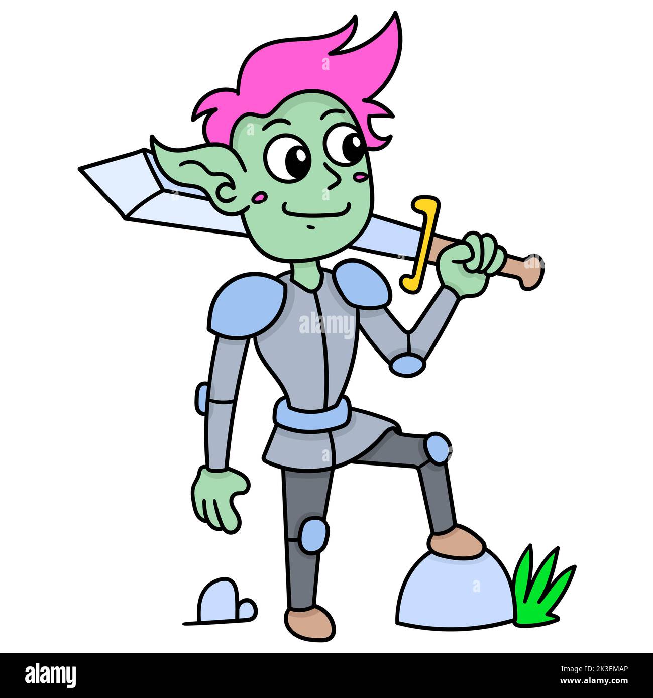 Un'illustrazione creativa di un carattere verde del guerriero elfo che indossa l'armatura e tiene una spada Illustrazione Vettoriale Un'illustrazione creativa di un carattere verde del guerriero elfo che indossa l'armatura e tiene una spada Illustrazione Vettoriale