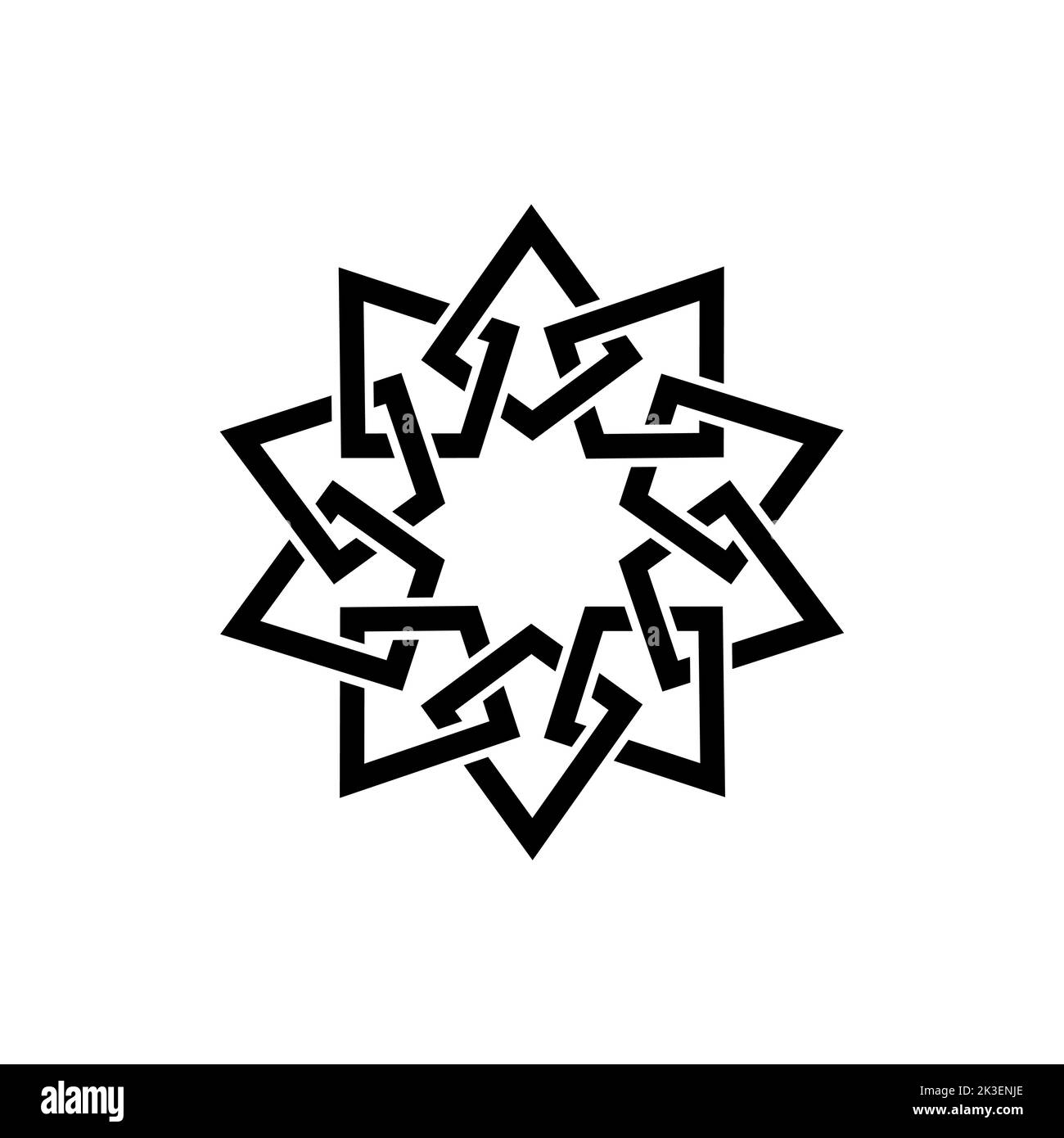 Modello di emblema geometrico con elementi sovrapposti. Motivo islamico. Nodo celtico. Mandala con motivi geometrici in stile arabo, logo nero isolato Illustrazione Vettoriale