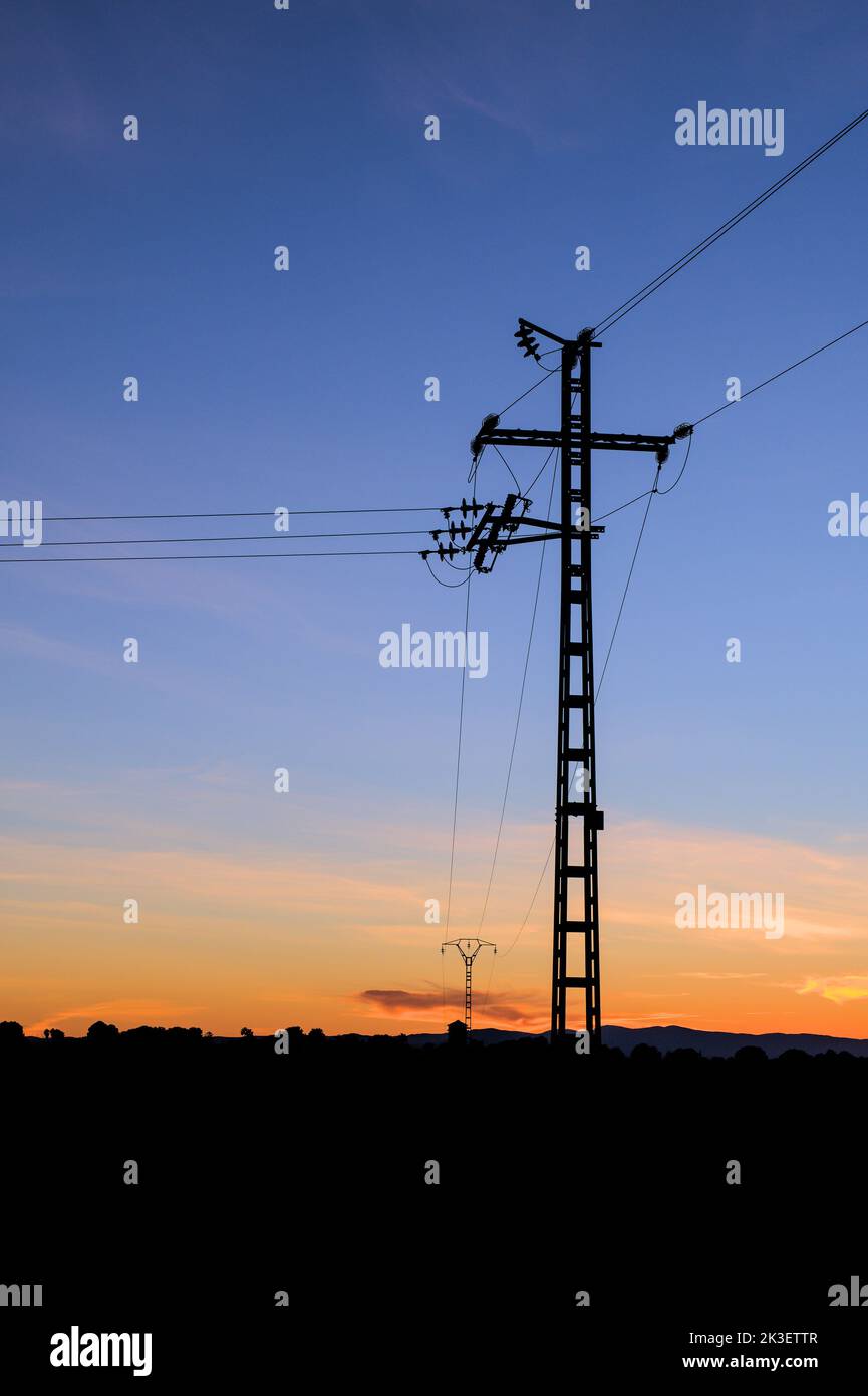 Silhouette di un palo elettrico su sfondo crepuscolo. Foto Stock