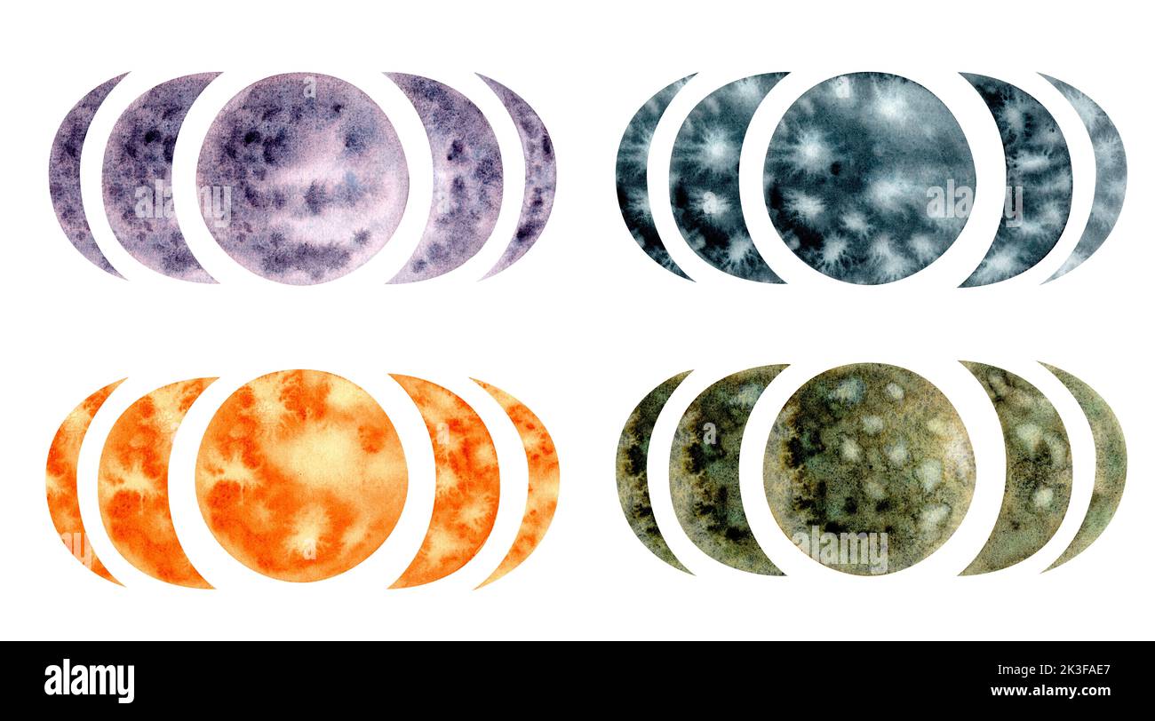 Fasi lunari in quattro colori acquerelli: Viola, verde, arancione e grigio. Elementi isolati su sfondo bianco Foto Stock