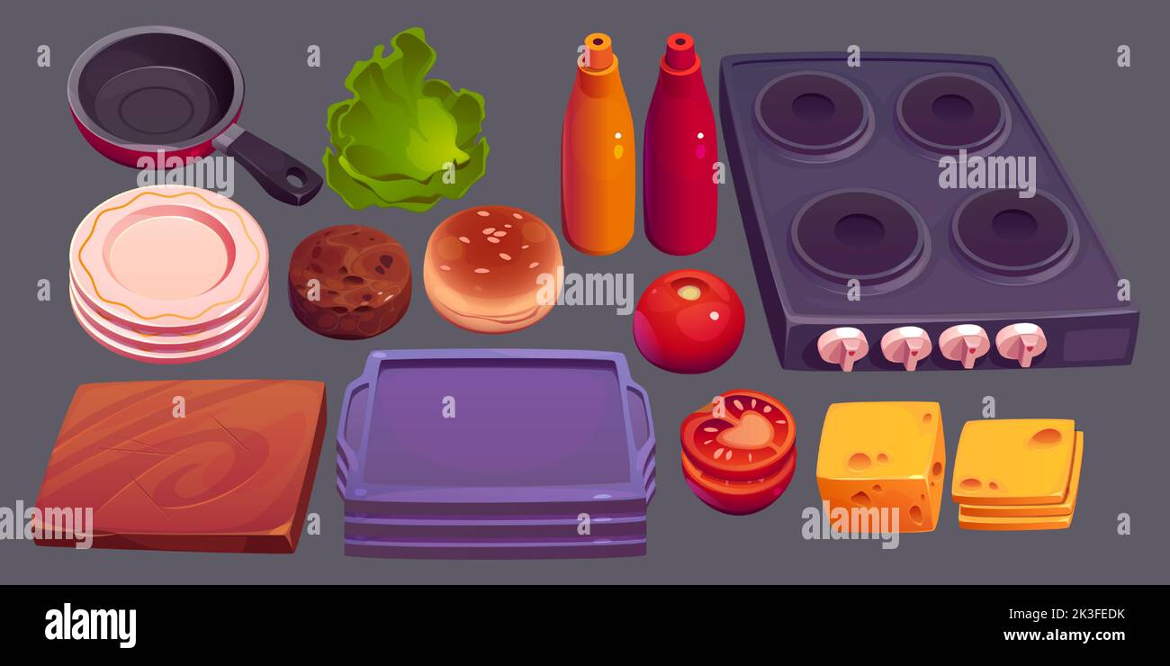 Ingredienti per hamburger e prodotti da cucina. Padella, piatti, tagliere e vassoi, forno, lattuga, panino e cotoletta con bottiglie di pomodoro, formaggio, senape o ketchup, cartoon vettoriale, set di icone Illustrazione Vettoriale