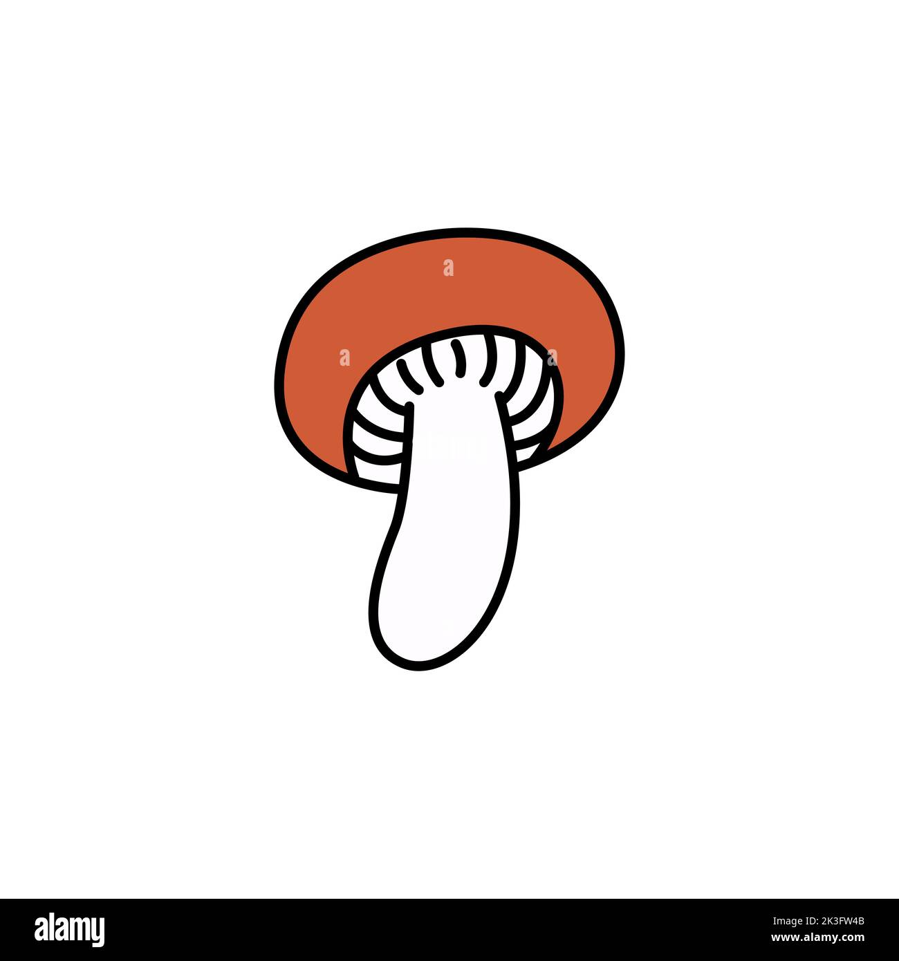 Pasta di funghi groovy alla rustsula con tappo arancione. Collezione autunno elemento. Contorno nero isolato su sfondo bianco. Linea disegnata a mano arte, carino vettore i Illustrazione Vettoriale