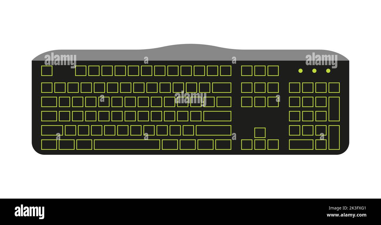 Tastiera completa per computer 105 tasti nero piatto. Accessorio di stampa digitando i tasti vuoti mockup controllare il movimento nel gioco. Ufficio casa computer portatile elettronica stampa lavoro freelance copywriting Illustrazione Vettoriale