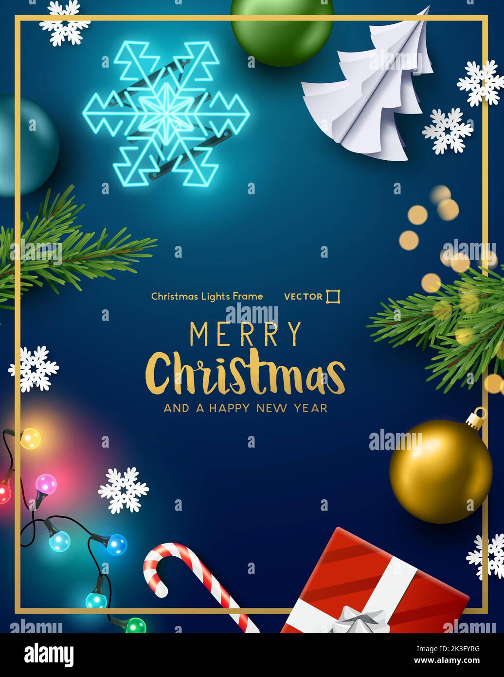 Decorazioni natalizie cornice di sfondo con luci festive! Illustrazione vettoriale. Illustrazione Vettoriale