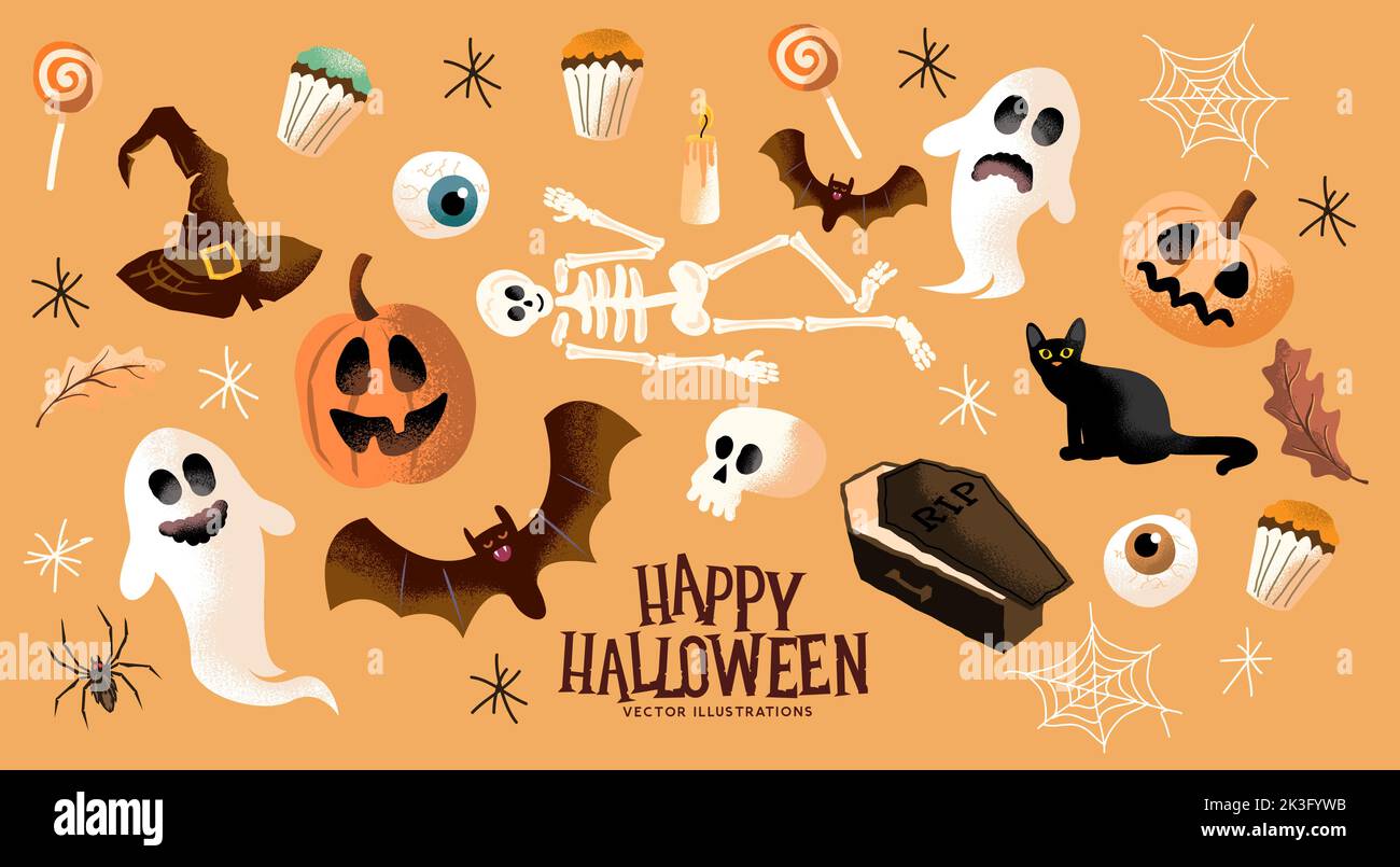 Halloween felici addobbi e personaggi carini. Illustrazione vettoriale Illustrazione Vettoriale