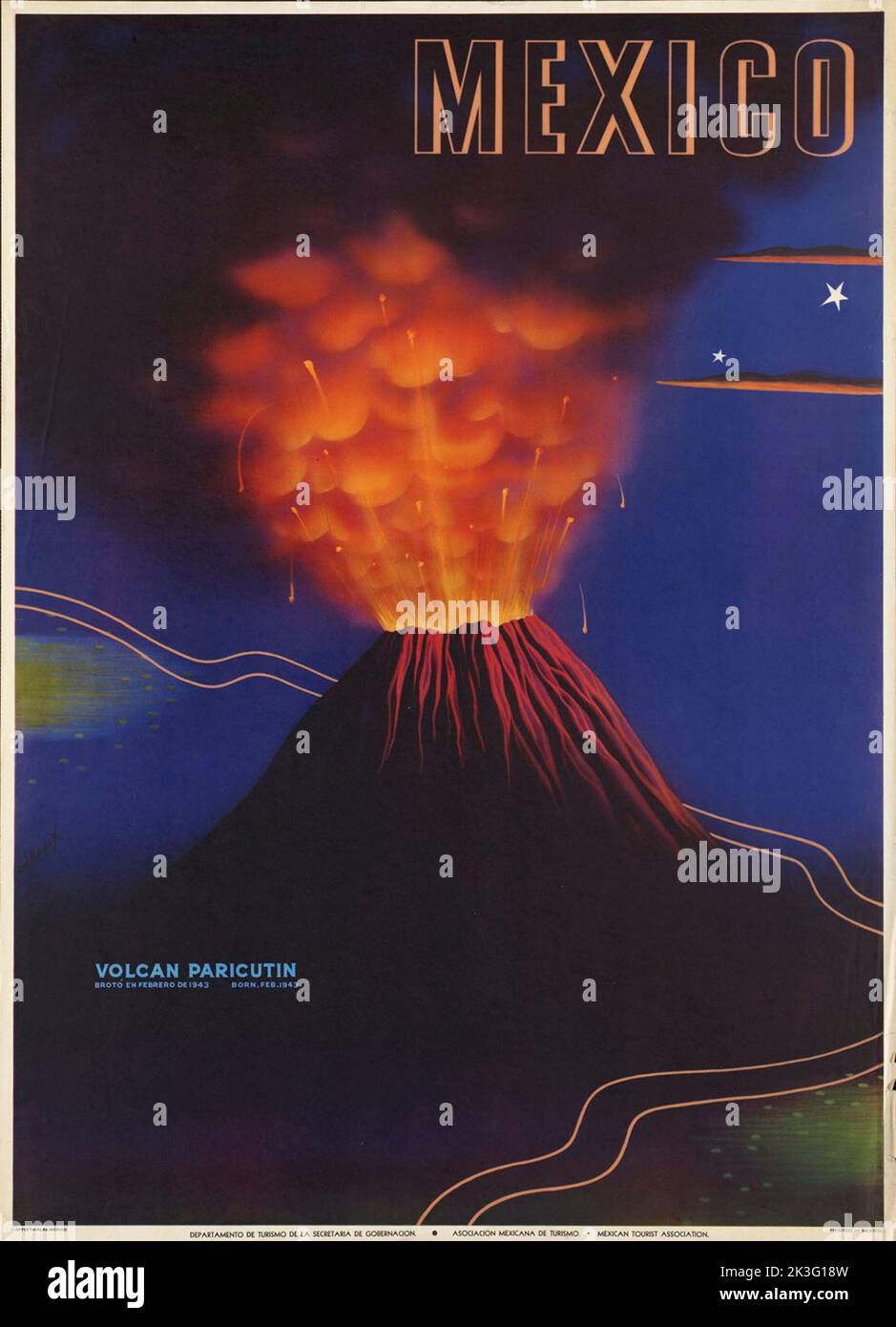 Poster di viaggio d'epoca che mostra l'eruzione del vulcano Paricutin del 1943 nello stato messicano di Michoacan, Messico Foto Stock