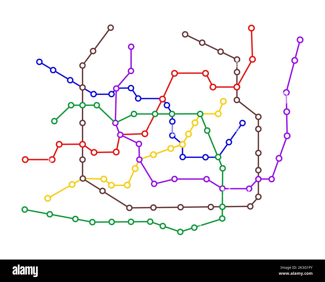Modello mappa metropolitana. Piano della metropolitana con molte linee colorate. Diagramma infografico dello schema della rete pubblica di trasporto rapido isolato su sfondo bianco. Illustrazione piatta vettoriale Illustrazione Vettoriale