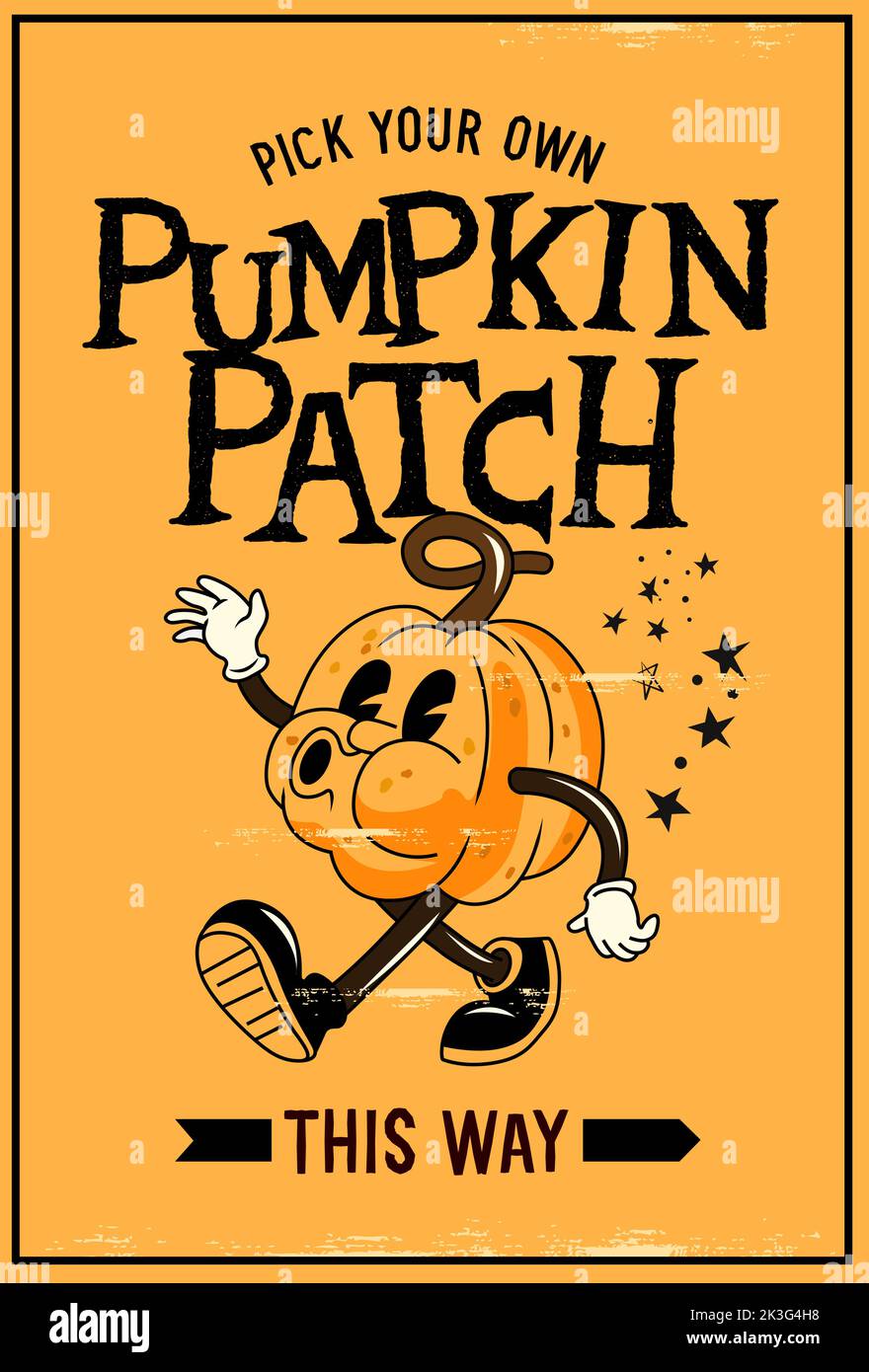 Un'insegna di fattoria di zucca decorata con Halloween vintage con un Jack o' Lantern. Illustrazione vettoriale. Illustrazione Vettoriale
