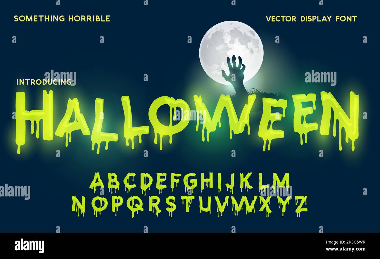 Le lettere dell'alfabeto decorate a tema di Halloween verdi e scintillanti. Illustrazione Vettoriale