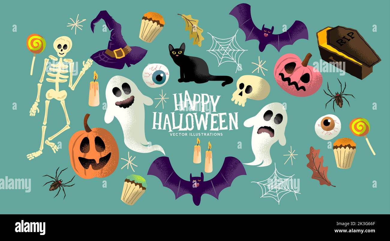 Una collezione di trucchi o trattare personaggi di eventi halloween e oggetti con fantasmi, zucche e dolci. Illustrazione Vettoriale