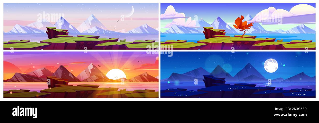 Mare o lago costa con erba verde e albero a diverse ore del giorno. Paesaggio estivo di fiume e montagne all'orizzonte in prima mattina, notte, tramonto e mezzogiorno, set di illustrazioni vettoriali cartoni animati Illustrazione Vettoriale