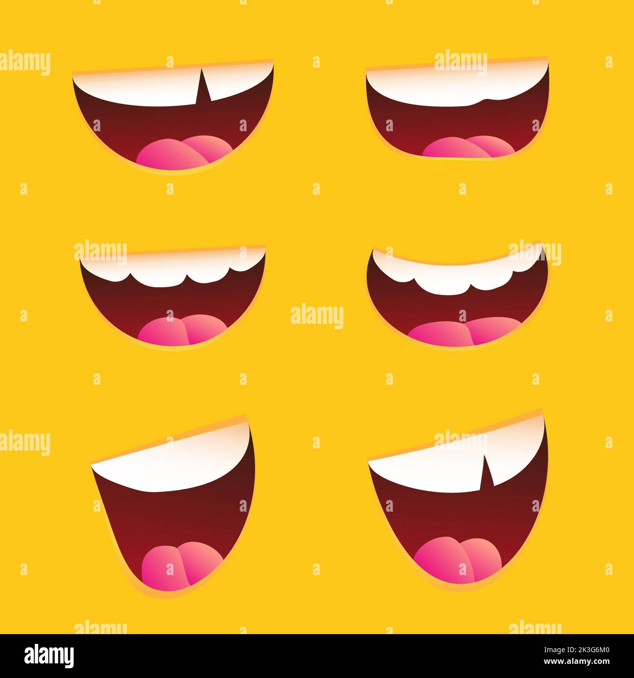 Divertenti bocche di Cartoon con espressioni diverse su sfondo giallo. Sorridi con i denti, la lingua, sorpreso. Semplice illustrazione vettoriale. Illustrazione Vettoriale