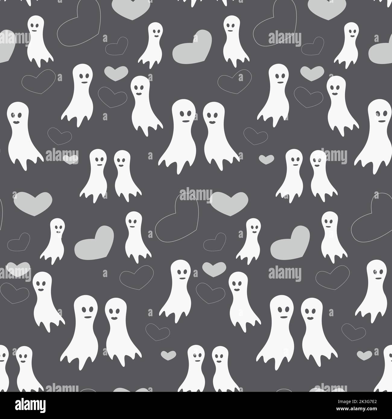 Motivo senza cuciture per Halloween con due fantasmi innamorati e forme a cuore in tonalità di grigio alla moda. Buon giorno di Halloween. Adatto per carta da imballaggio, poster, cartoline, biglietti d'auguri, prezzi, banner. Illustrazione Vettoriale