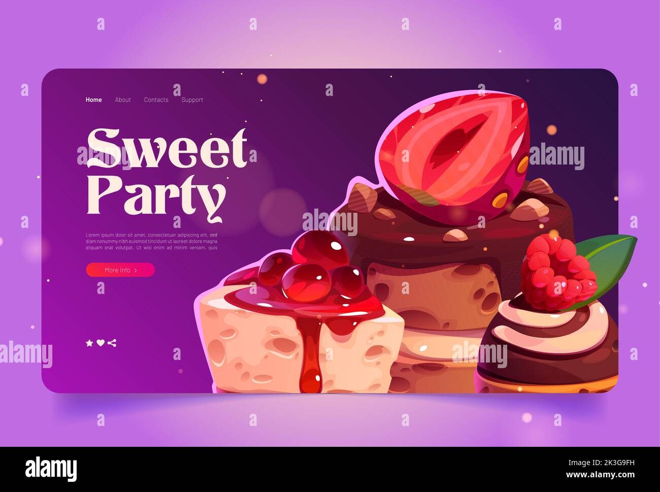 Modello di landing page aziendale di prodotti dolciari. Cartoon vettoriale illustrazione di torta deliziosa, dessert decorati con cioccolato dolce, frutti di bosco freschi. Sito Web promozionale per il servizio di panetteria o catering Illustrazione Vettoriale