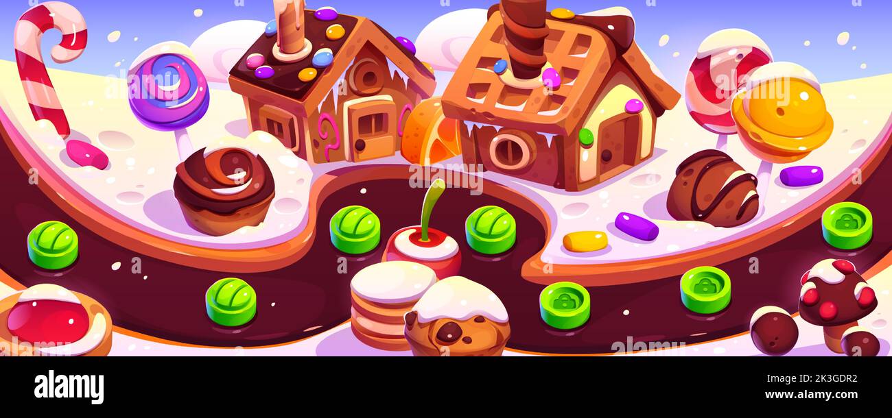 Mappa del livello ui del gioco Candy Planet. Design dell'interfaccia del menu di Cartoon 2D, paesaggio fantasy con dolci, dessert e lecca al fiume Chocolate, grafica per pc o arcade mobile, illustrazione Vector Illustrazione Vettoriale