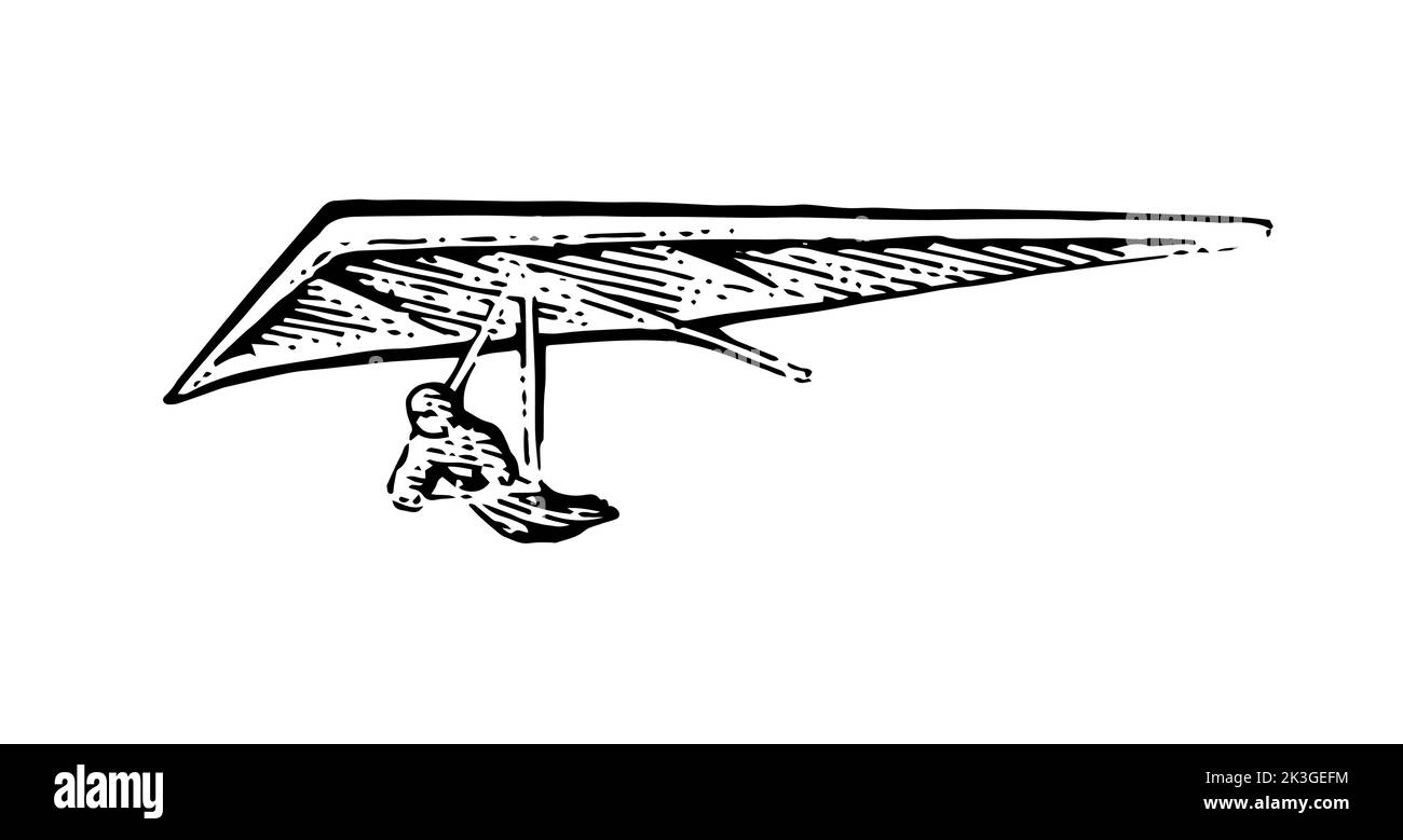 Il piccolo deltaplano vola. Vista dal basso da lontano. Schizzo del contorno disegnato a mano. Isolato su sfondo bianco. Vettore. Illustrazione Vettoriale