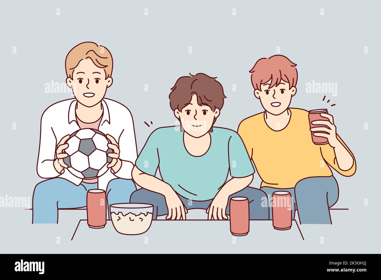 Ragazzi felici guardano il calcio a casa insieme . I ragazzi felici del vettore si divertono a sedersi a casa guardando il calcio insieme. Gli amici sorridenti possono trascorrere un weekend all'interno con una partita sportiva. Illustrazione vettoriale. Illustrazione Vettoriale