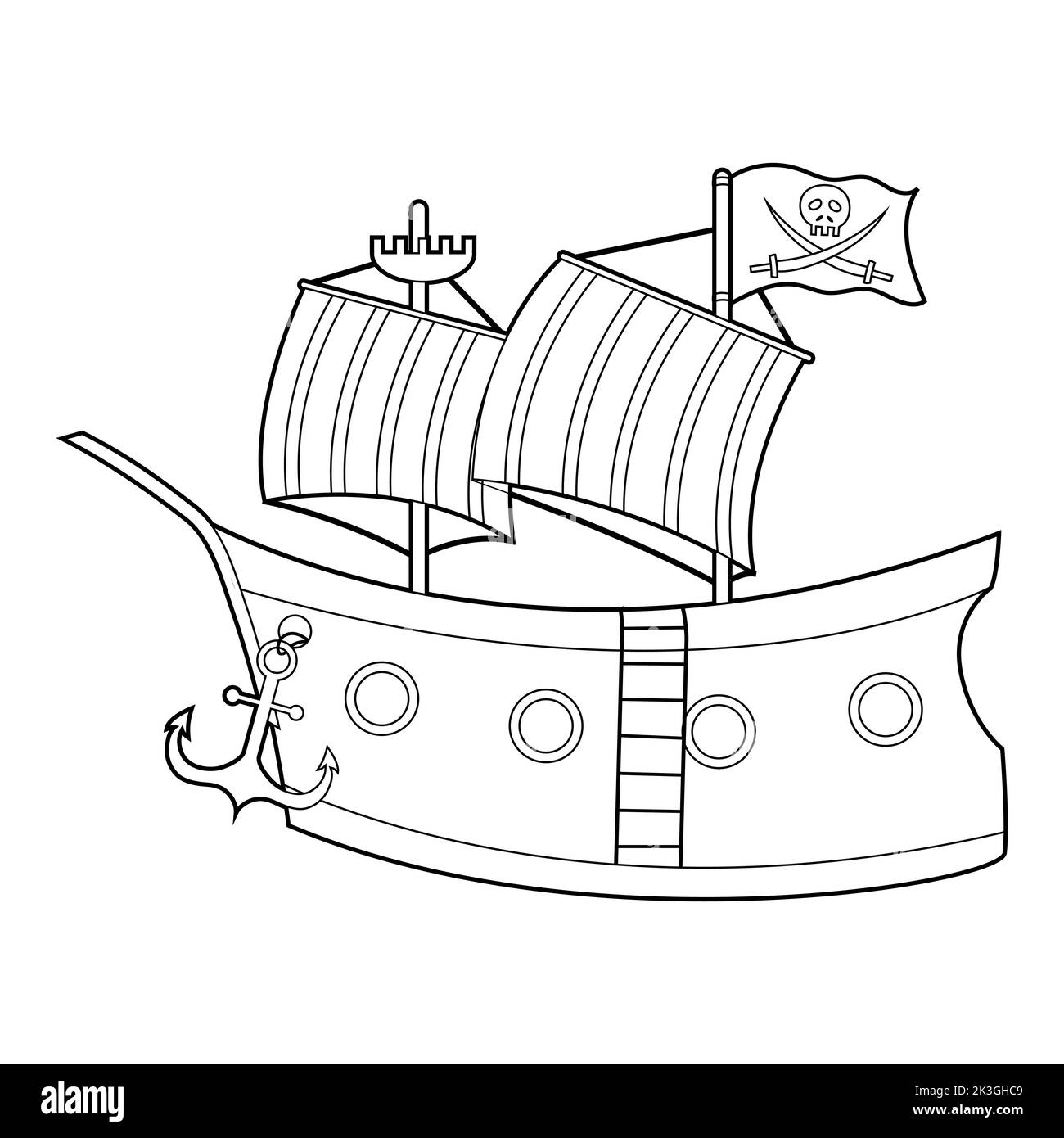 Libro da colorare per bambini, nave pirata. Vettore isolato su sfondo bianco Illustrazione Vettoriale