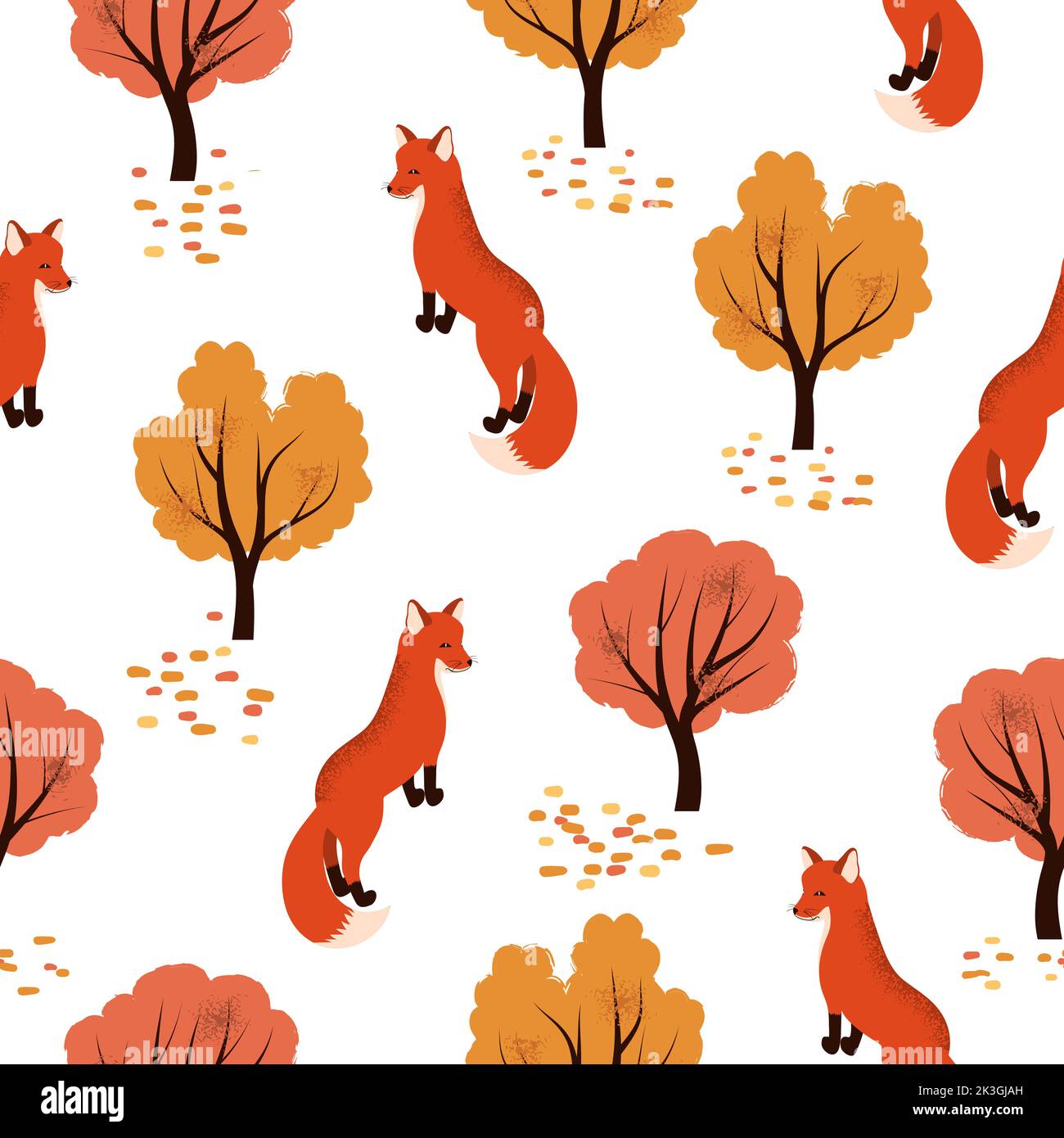 Volpi nel bosco. Modello di foresta autunnale senza cuciture con animali carini. Illustrazione Vettoriale