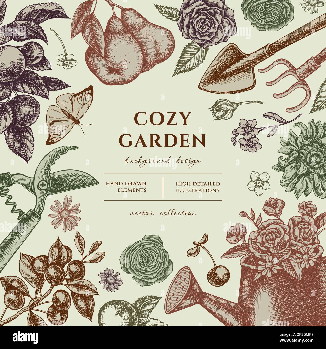 Disegno di illustrazione disegnato a mano di giardinaggio. Sfondo con annaffiatoio d'annata, mele, ciliegia, pere, pala, rastrello, secateurs, camomilla, girasole Illustrazione Vettoriale