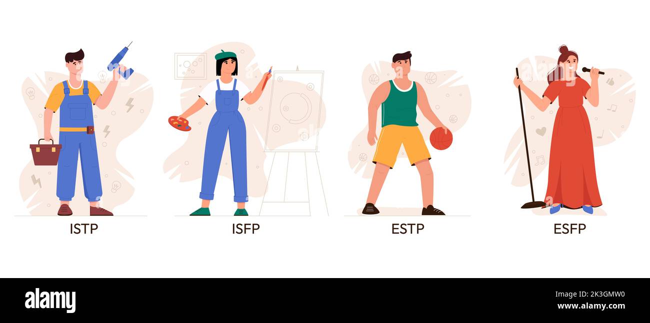 Serie di tipi di persone MBTI esploratori. Socionics mbti. Test di personalità. Concetto di comportamento mentale. Illustrazione del vettore piatto. Illustrazione Vettoriale