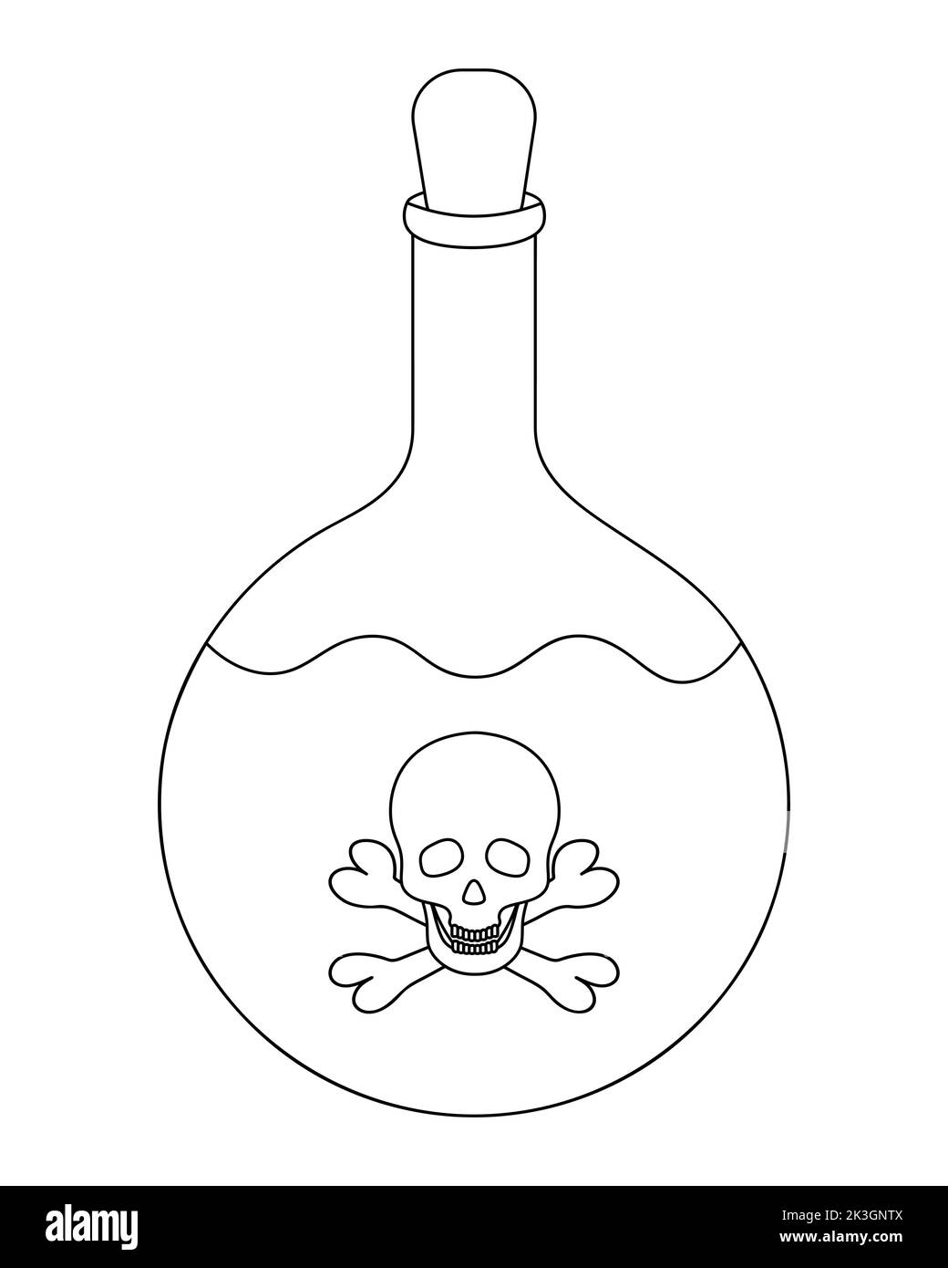 Bottiglia di veleno. L'emblema sulla bottiglia è il cranio e le ossa. Illustrazione vettoriale. Contorno su sfondo bianco isolato. Stile Doodle. Schizzo. Illustrazione Vettoriale