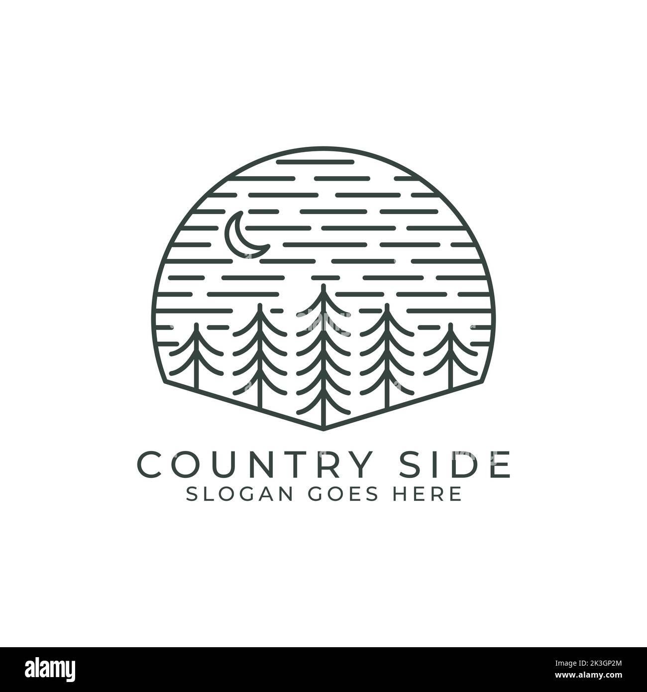 Country Side contorno logo design ispirazioni. Notte all'aperto campo di foresta illustrazioni vettoriali. Illustrazione Vettoriale