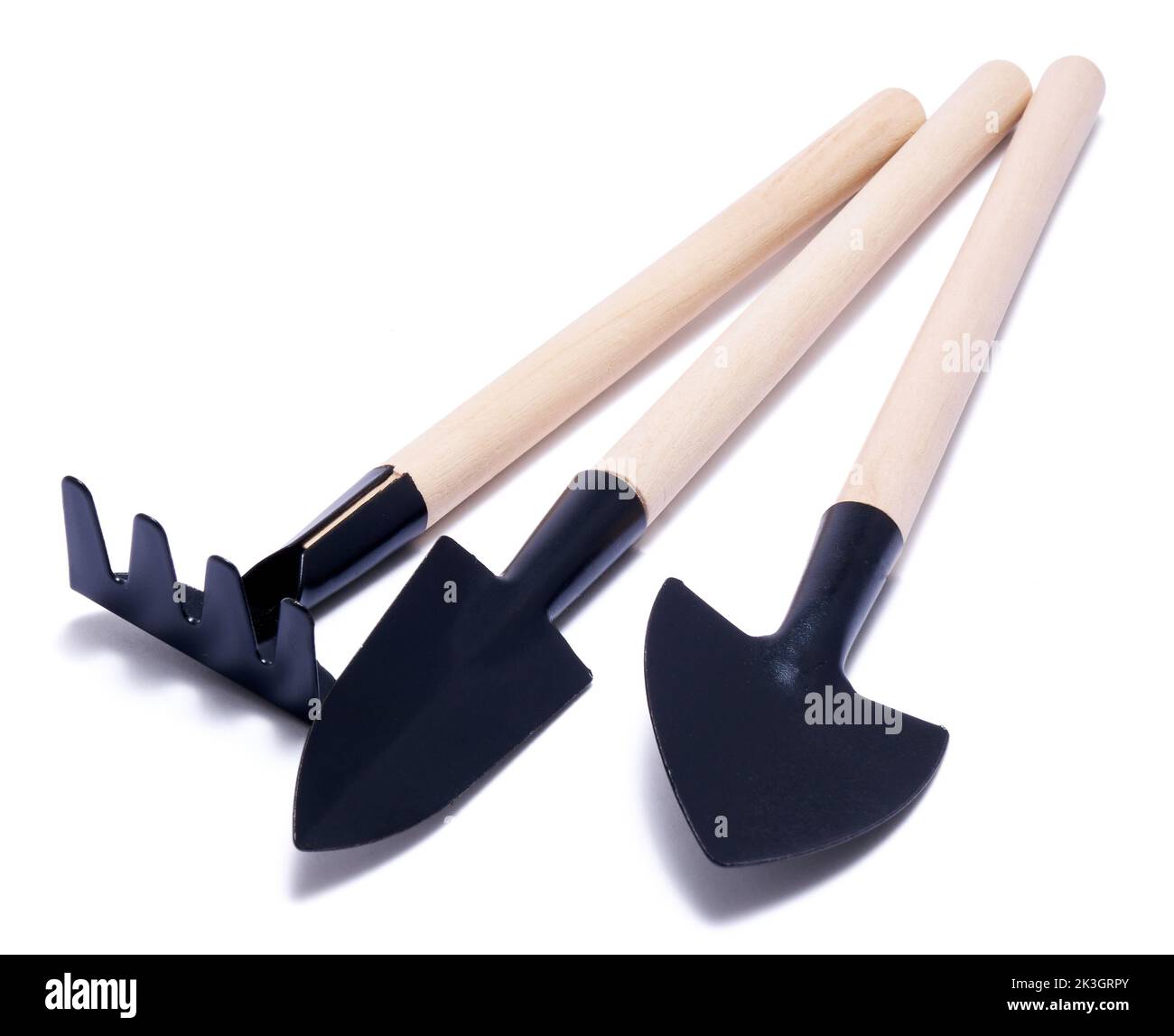 Mini attrezzi di giardinaggio per la casa isolato su uno sfondo bianco Foto Stock