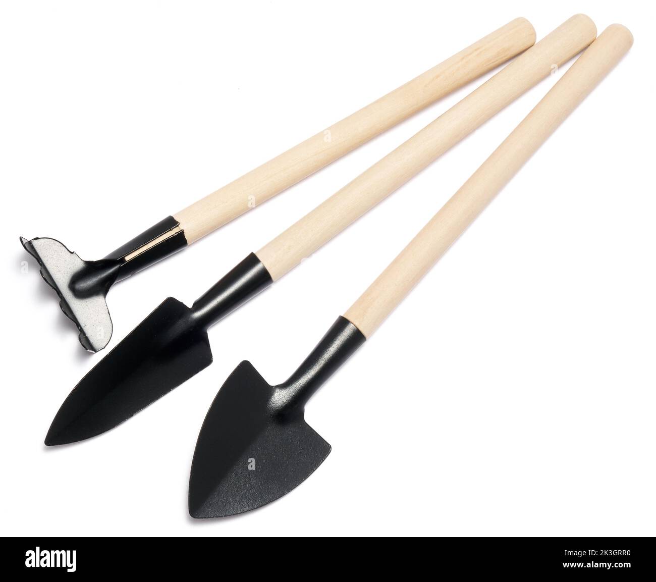 Mini attrezzi di giardinaggio per la casa isolato su uno sfondo bianco Foto Stock