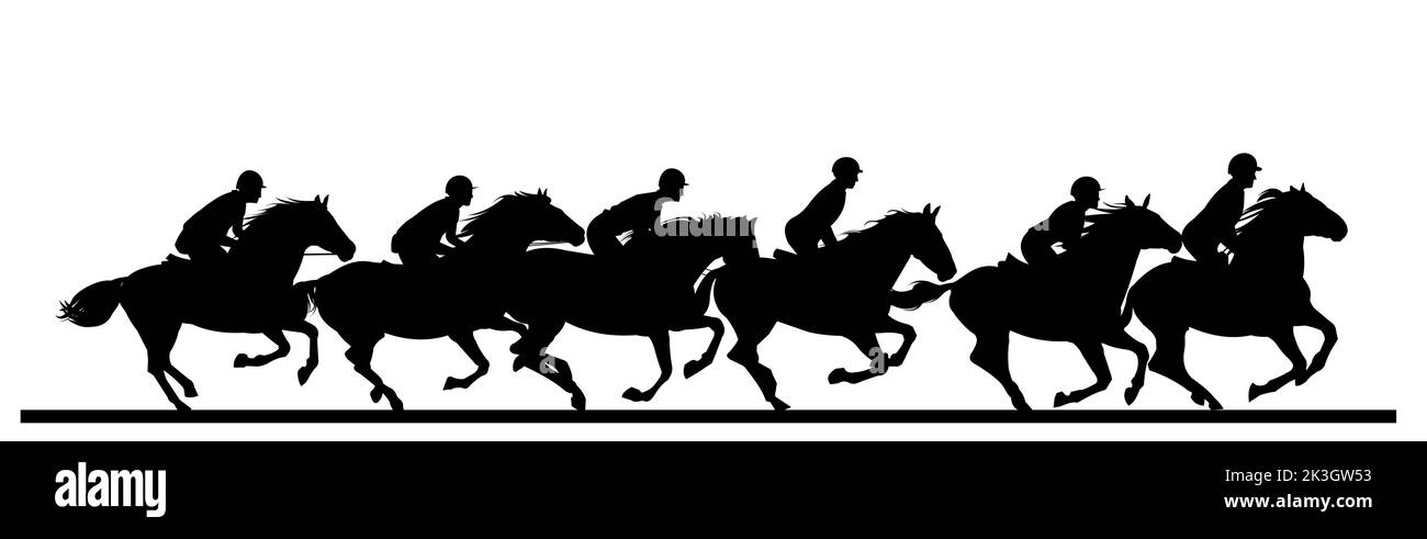 Concorso di jockey. I cavalli cavalcano velocemente. Silhouette dell'immagine. Sport e animali domestici sportivi. Isolato su sfondo bianco. Vettore Illustrazione Vettoriale