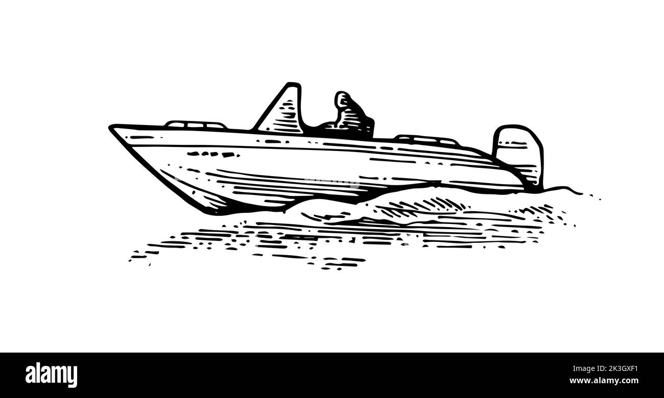 Gite in barca sulle onde. La piccola nave naviga in mare, lago o fiume. Vista laterale. Imbarcazione composita in plastica con motore. Schizzo del contorno disegnato a mano. Isolato su whit Illustrazione Vettoriale