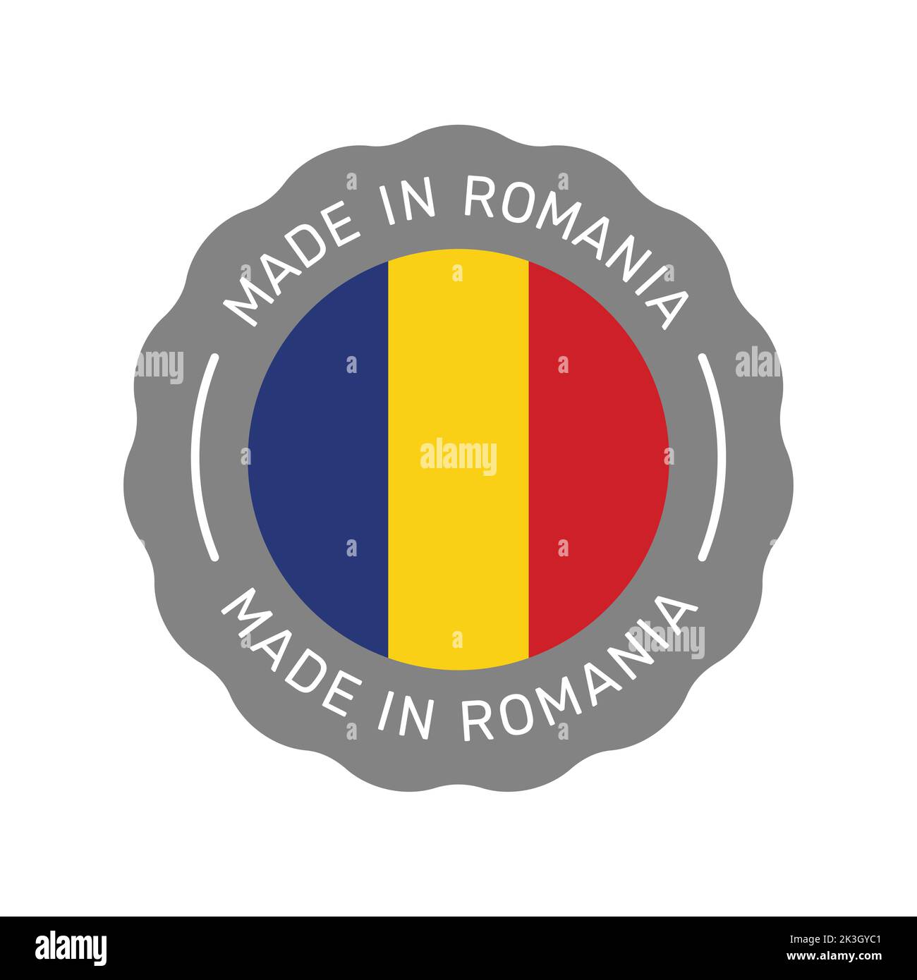 Distintivo vettoriale colorato Made in Romania. Etichetta adesiva con bandiera rumena. Illustrazione Vettoriale