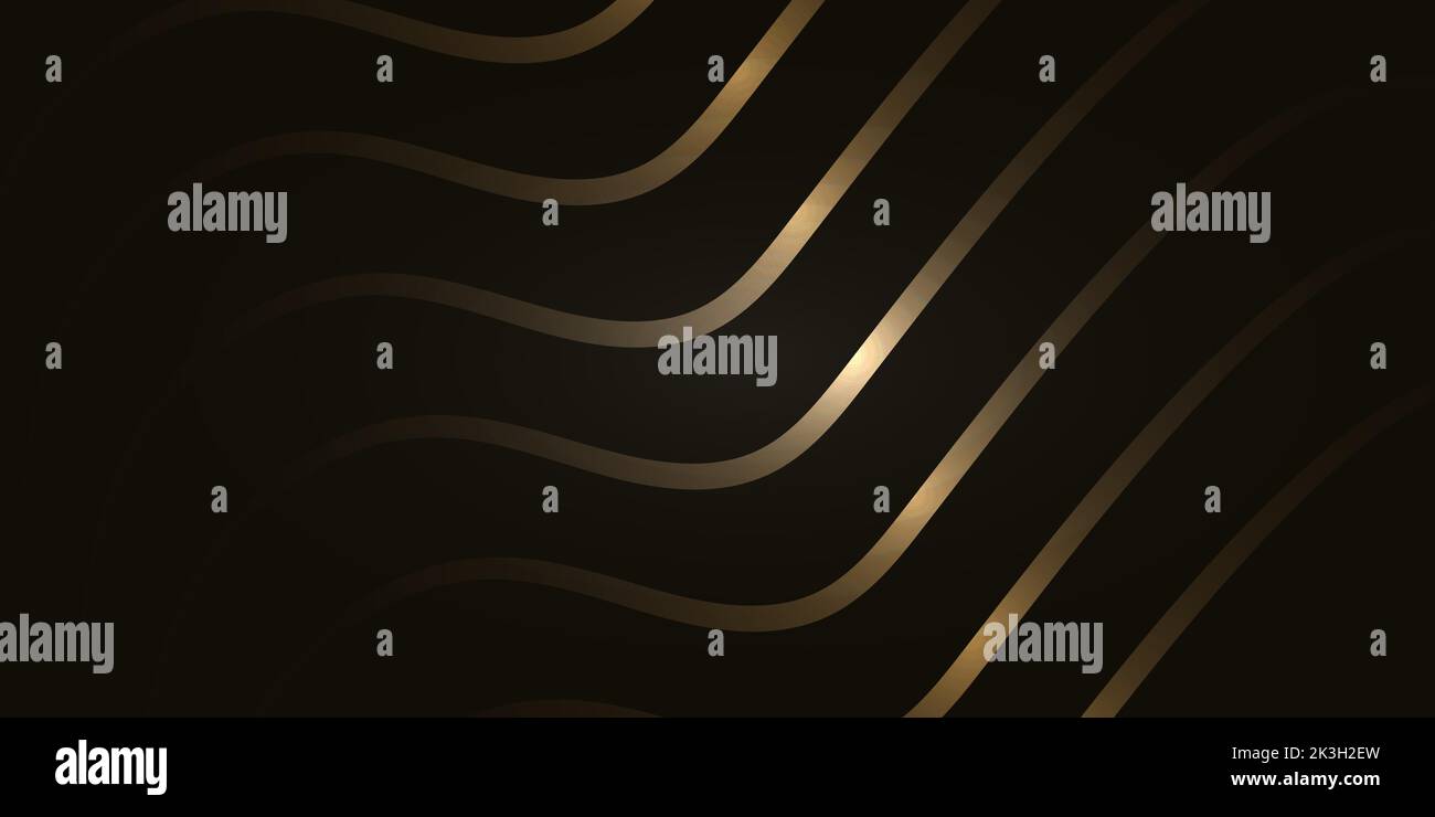 Astratto oro onde su sfondo scuro. Modello moderno ed elegante. Elemento di design con linee mobili dorate e lucide. Sfondo di lusso con scintillanti linee ondulate Illustrazione Vettoriale