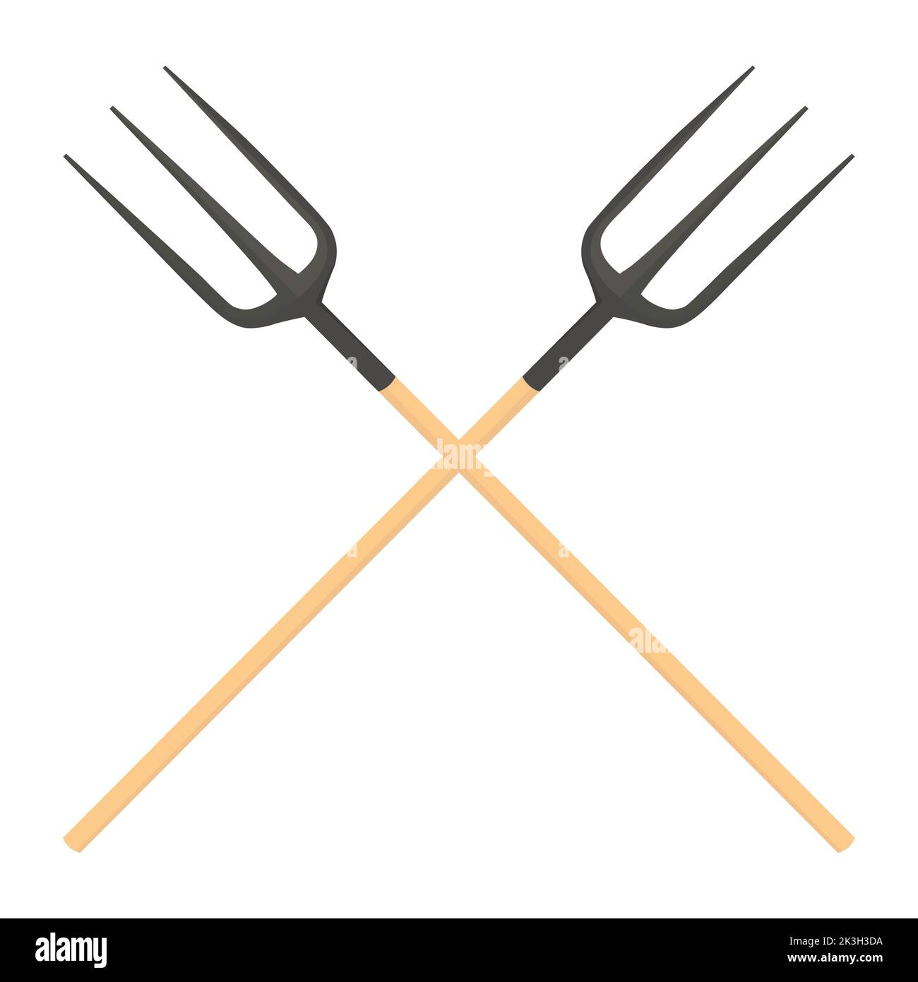 Pitchfork su sfondo bianco isolato. Forchetta in metallo con mano in legno in stile piatto. Disegno di illustrazione vettoriale dello strumento da giardino. Illustrazione Vettoriale