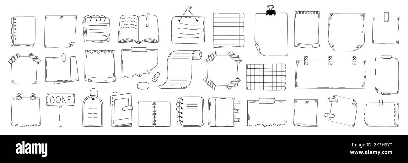 Foglio vuoto di carta in doodle styke. Illustrazione vettoriale dei marcatori di linea per le note. Elenco delle attività, pagine dei memo. Set di checklist Doodle. Registro puntato vuoto Illustrazione Vettoriale