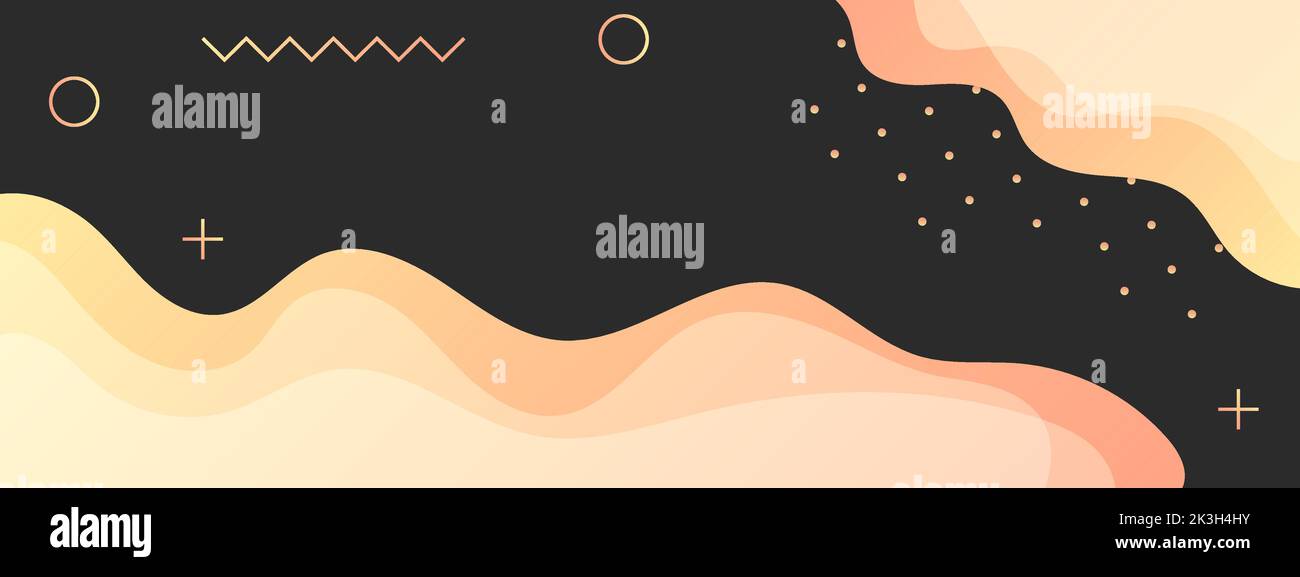 Modello orizzontale astratto su sfondo nero con forme liquide colore sfumato arancione e diverse figure geometriche. Colori luminosi minimalismo Illustrazione Vettoriale