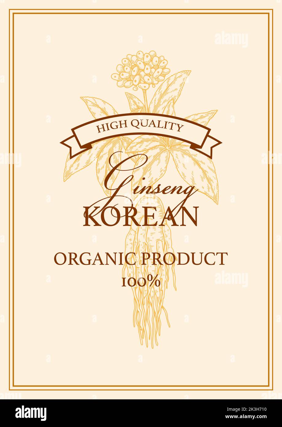 Design del packaging in ginseng disegnato a mano. Illustrazione del vettore botanico nello stile di schizzo Illustrazione Vettoriale