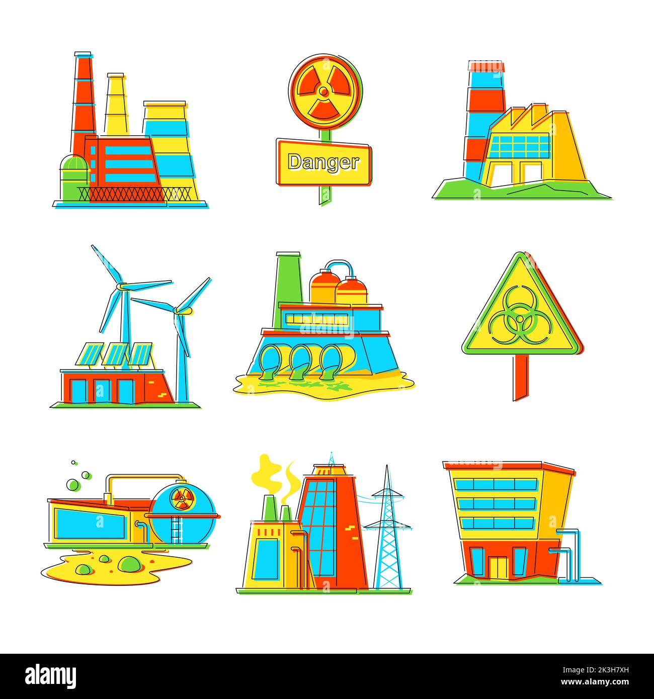 Produzione industriale e pericolosa - set di oggetti stile design di linea Illustrazione Vettoriale