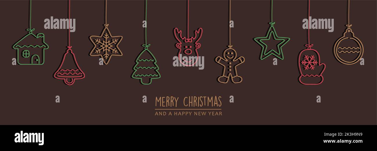 buon biglietto di natale con decorazioni bianche appese Illustrazione Vettoriale