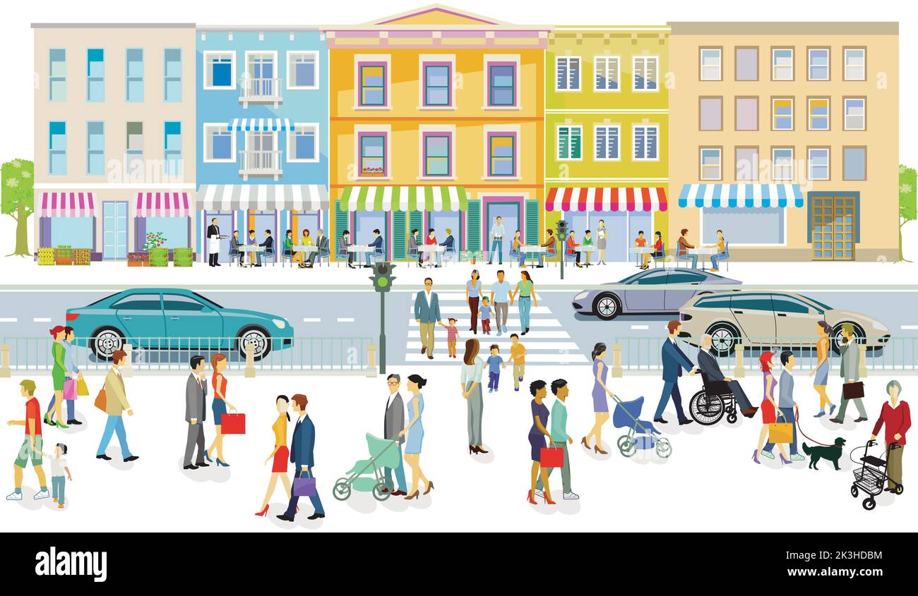 Profilo della città con pedoni e traffico nel quartiere residenziale, illustrazione Illustrazione Vettoriale