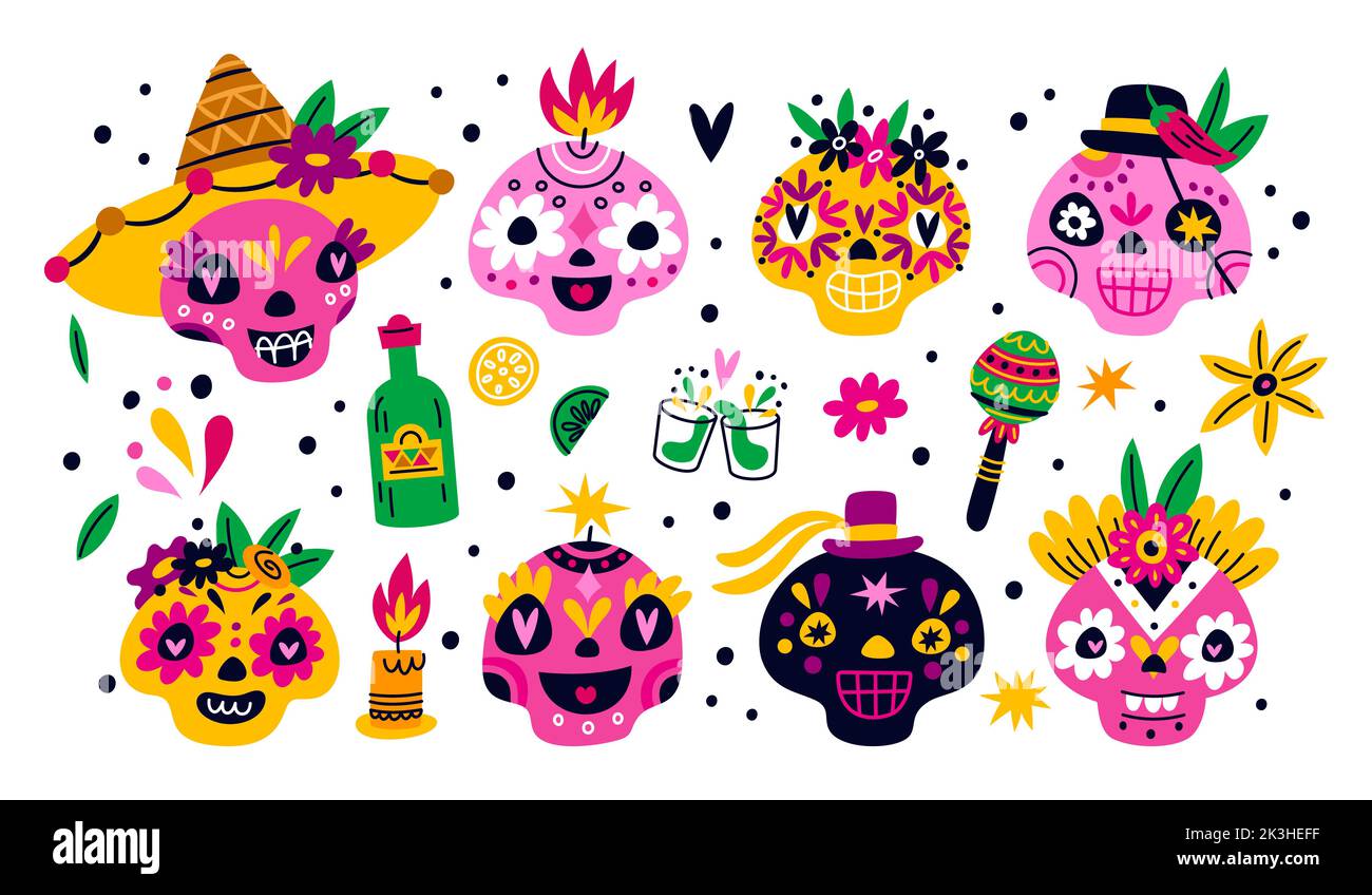 Giorno dei teschi morti. Calavera teste decorative di zucchero. Dia de Muertos. Festa tradizionale messicana. Candele di carnevale modellate. Bottiglie di tequila. Latino Illustrazione Vettoriale