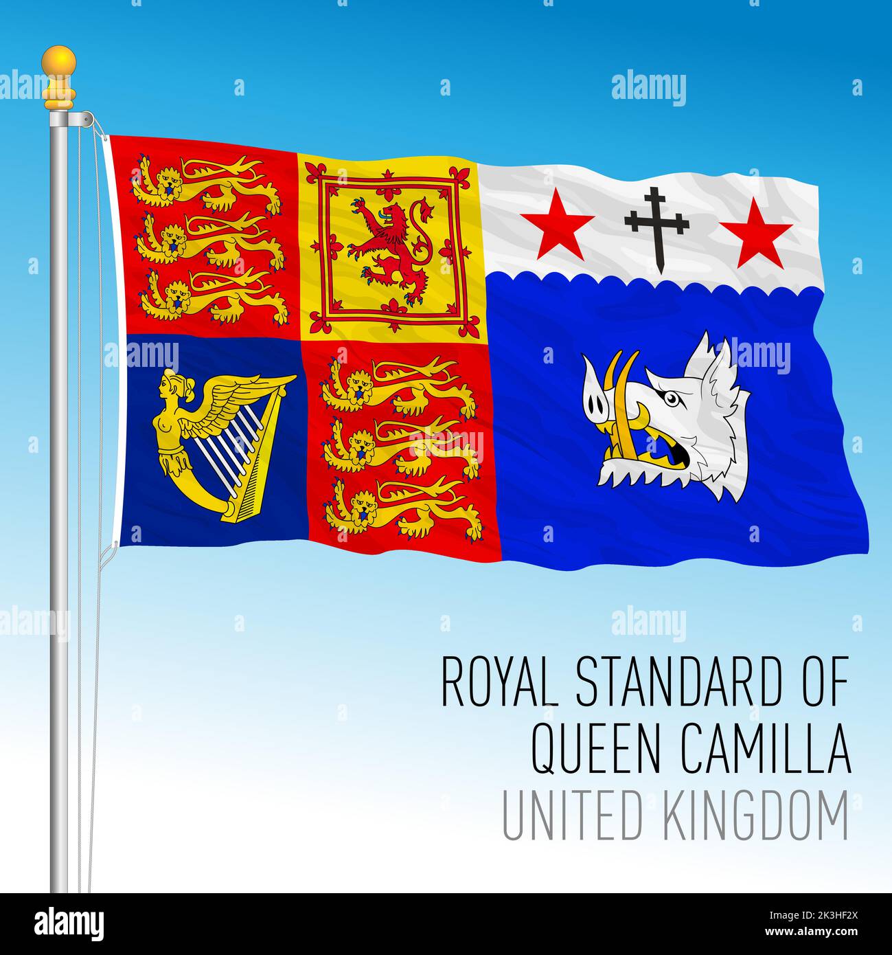 Camilla Queen Royal Standard, bandiera del Regno Unito, Queen Consort of the King Charles Third, 2022 Illustrazione Vettoriale