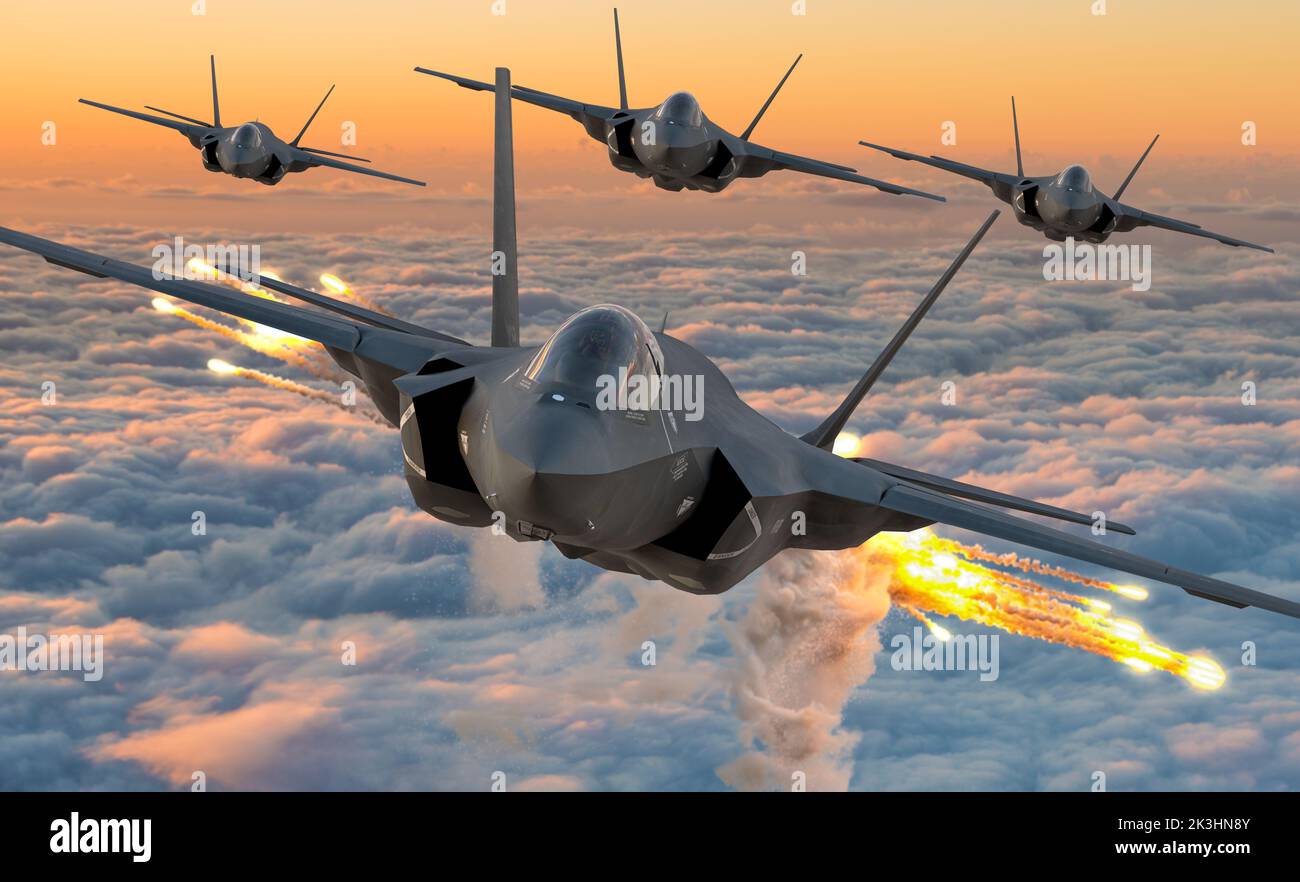 Lockheed Martin F-35 formazione Lightning II in volo sopra le nuvole Foto Stock