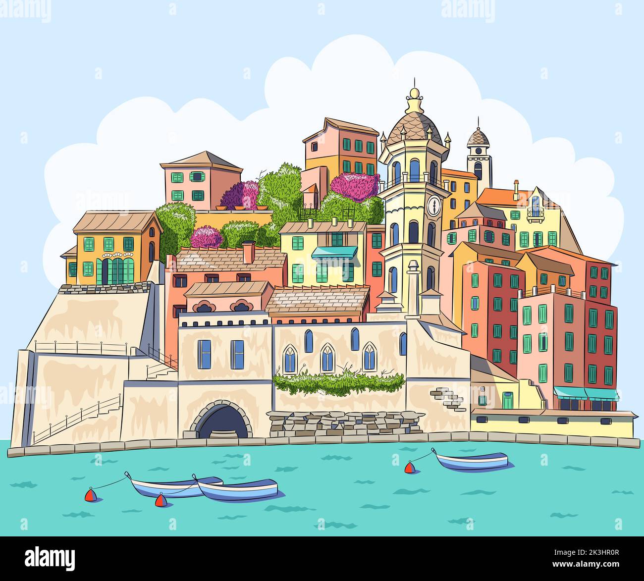 Vista panoramica sull'antico borgo italiano di Vernazza sul lungomare con barche. Illustrazione vettoriale. Illustrazione Vettoriale