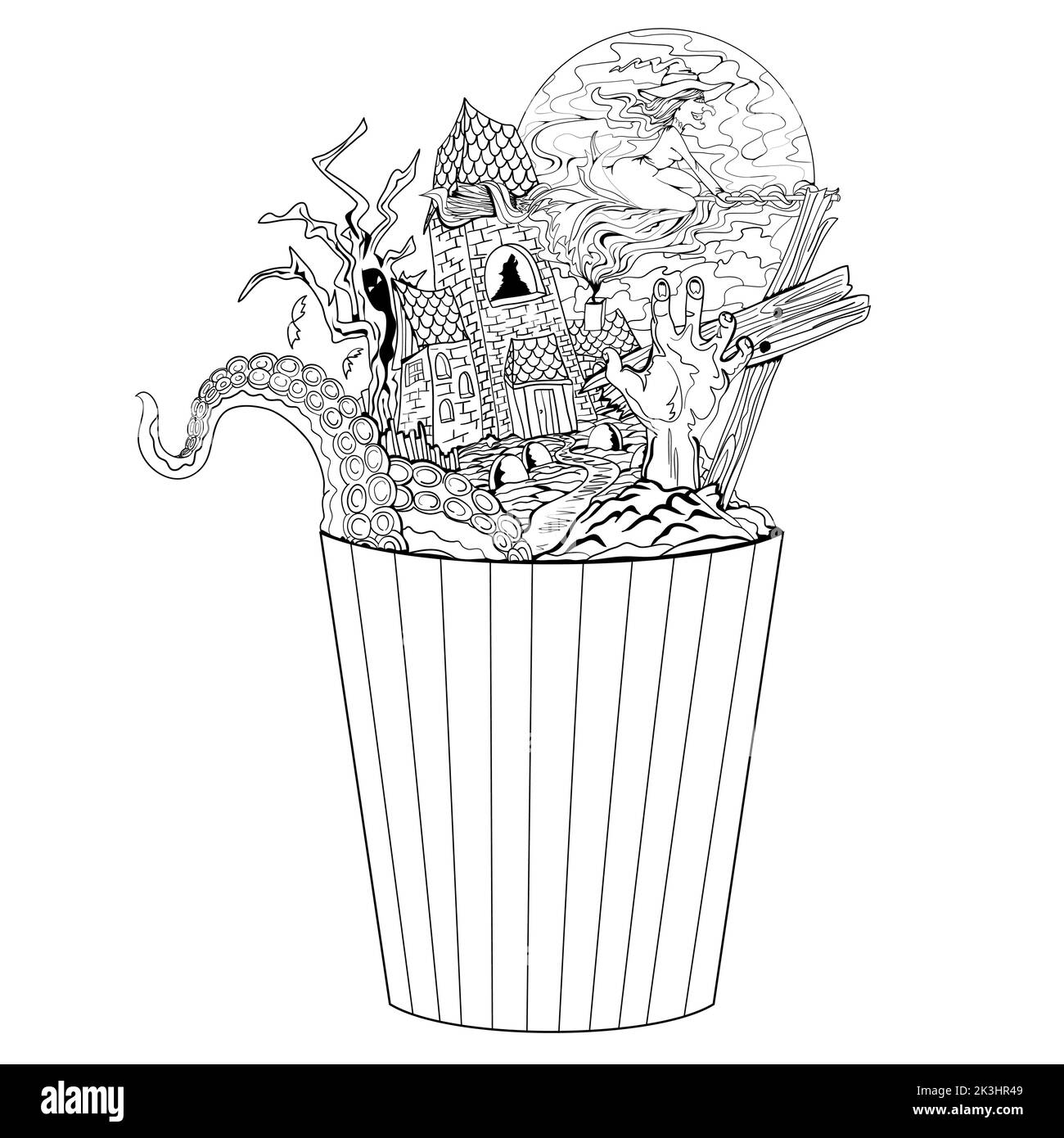 Popcorn horror. Illustrazione astratta per un film chiller colonna in una tazza di popcorn. Storie thriller. Festival del film horror. Illustrazione Vettoriale