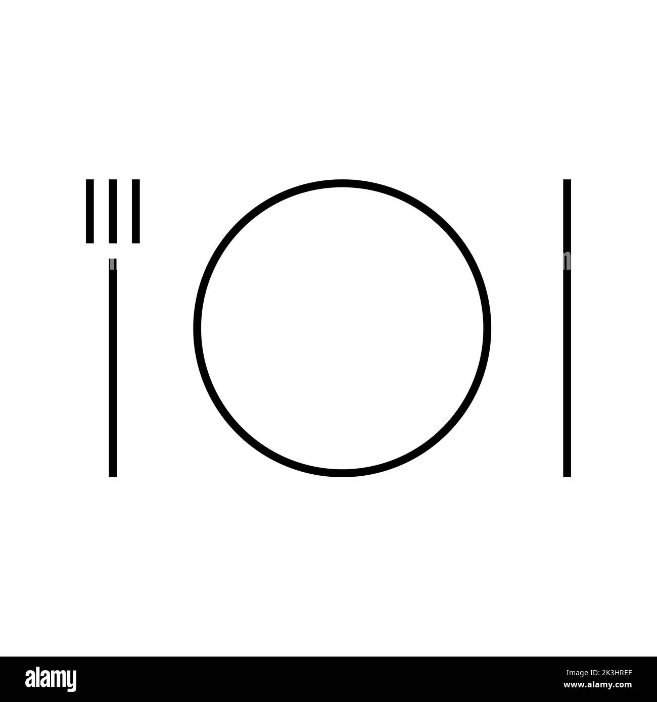 Icona vettoriale di posate e stoviglie minimal. EPS 10. Illustrazione raffigurazione in bianco. Coltello, forcella, piastra. Logotipo isolato. Linee sottili moderne e pulite. Foto Stock