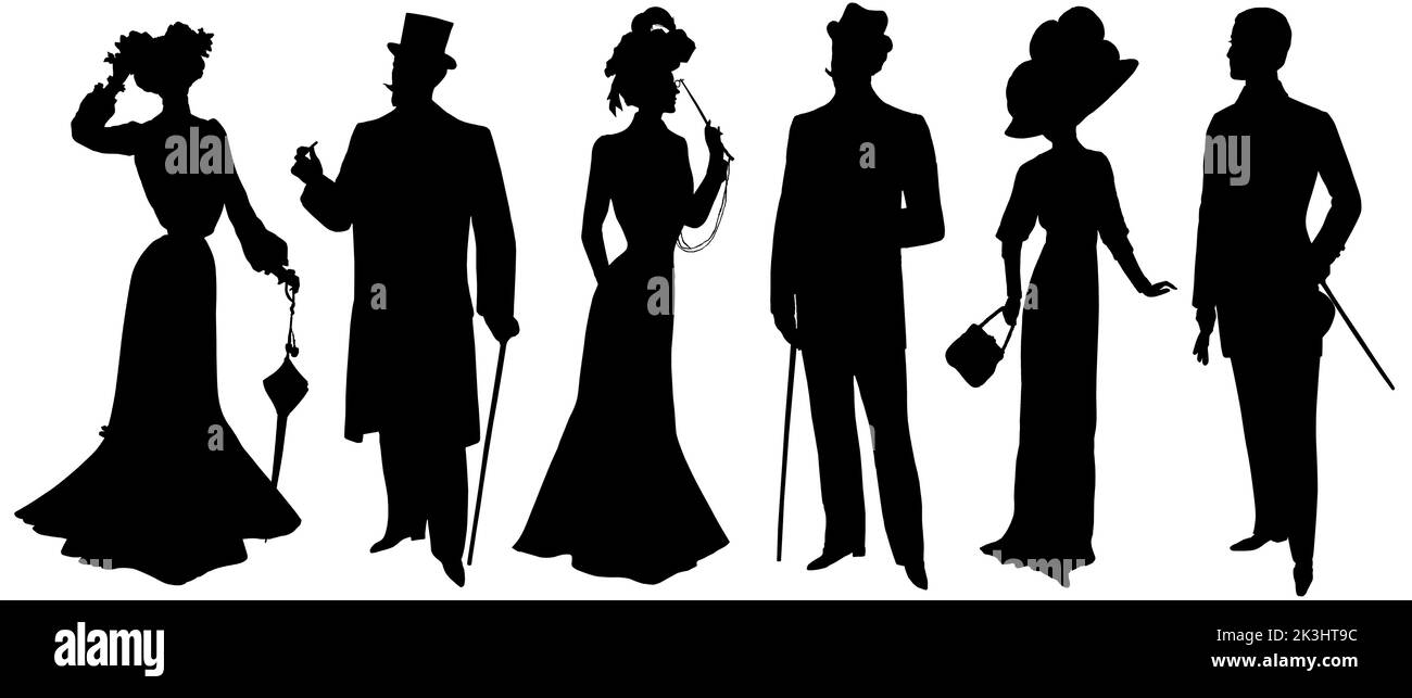Uomo donna silhouette in vintage elegante abito e cappello. Gente di moda retrò isolata su sfondo bianco Foto Stock