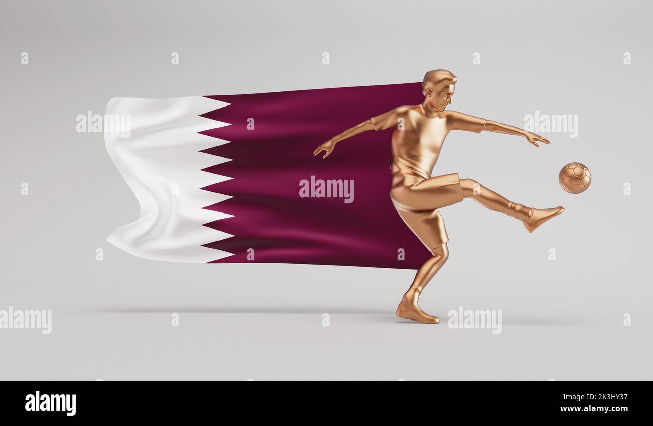 Giocatore di calcio d'oro che calcia una palla con il qatar che sventola la bandiera. Rendering 3D Foto Stock