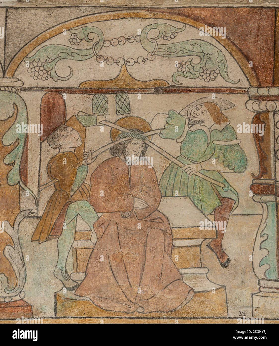 Il coronamento con spine, un muro-pittura dal 1530 nella chiesa di Brøns, Danimarca, 15 settembre 2022 Foto Stock