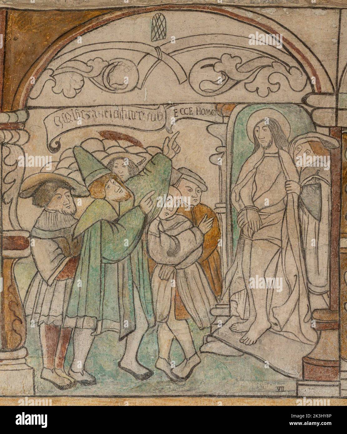 Ecce Homo Jesus in praetorium before Pontius Pilate, una pittura murale del 1530 , Brøns, Danimarca, 15 settembre 2022 Foto Stock